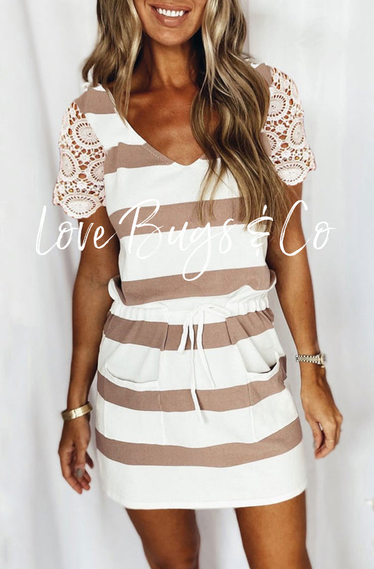 White Lace Crochet Short Sleeve Drawstring Striped Dress