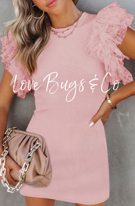 Pink Ruffle Tulle Sleeve Ribbed Knit Bodycon Dress