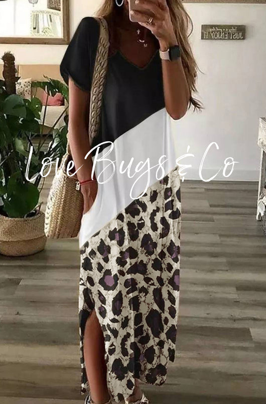 Black Leopard Color Block Side Slit T Shirt Maxi Dress