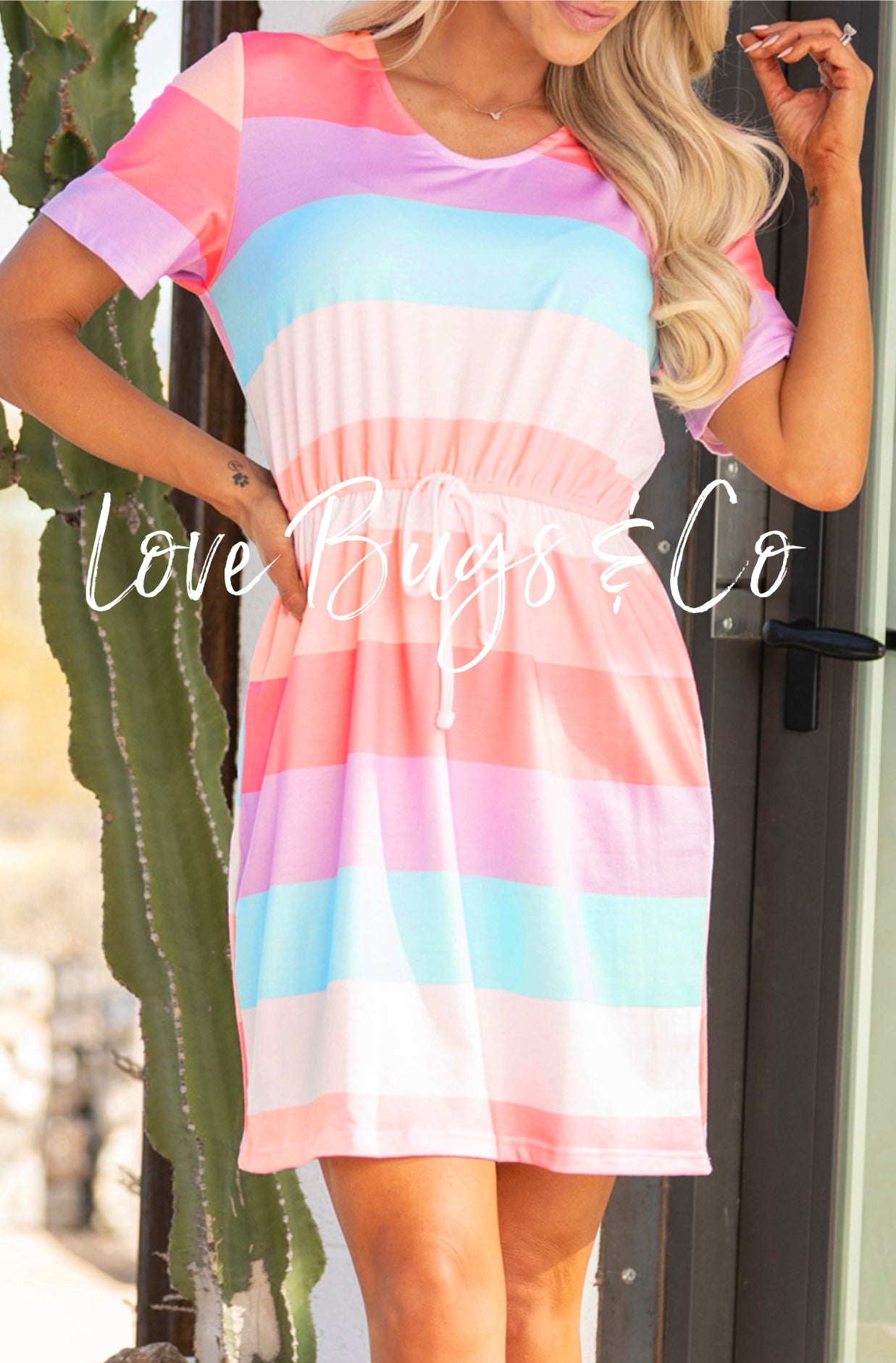 Multicolor Striped Drawstring V Neck T Shirt Dress