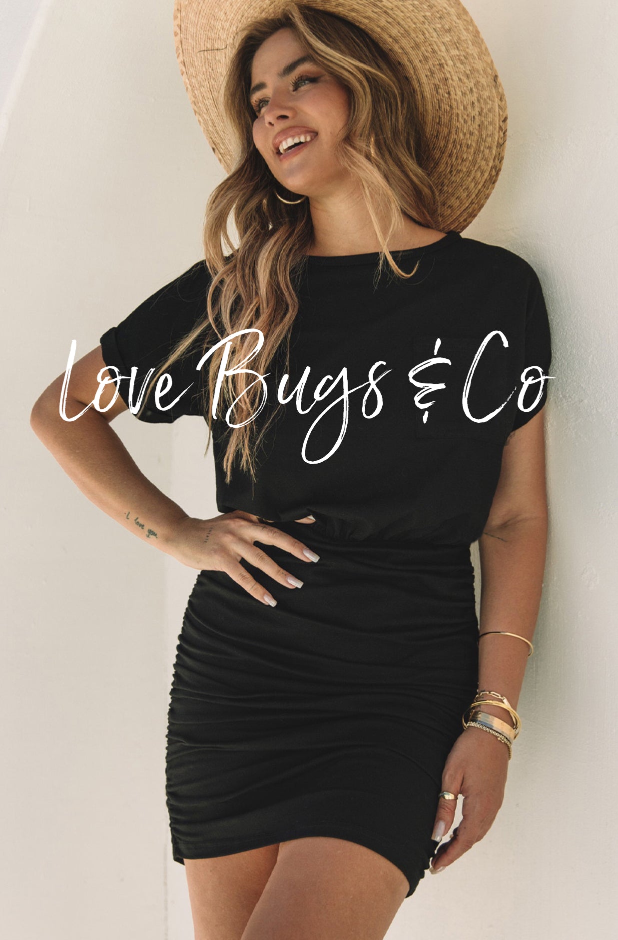 Black Chest Pocket Loose T-shirt Ruched Bodycon Mini Dress