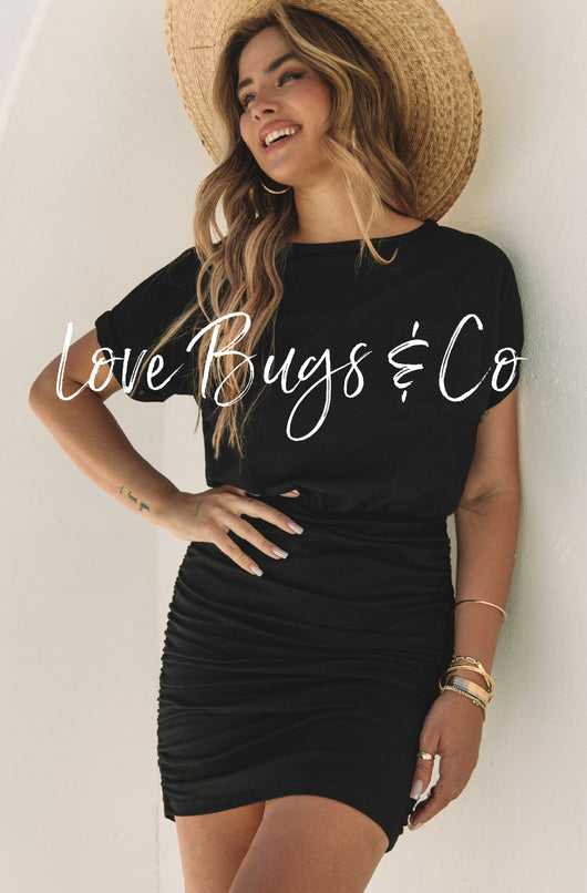 Black Chest Pocket Loose T-shirt Ruched Bodycon Mini Dress