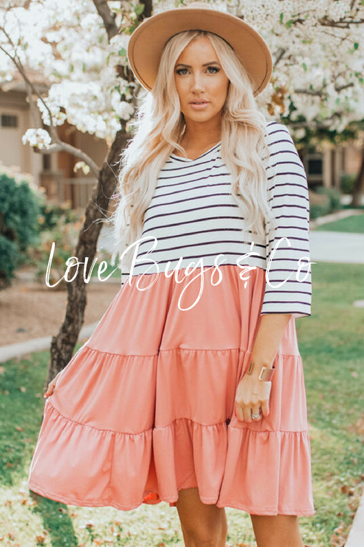 Striped Patchwork Tiered Ruffle T Shirt Dress