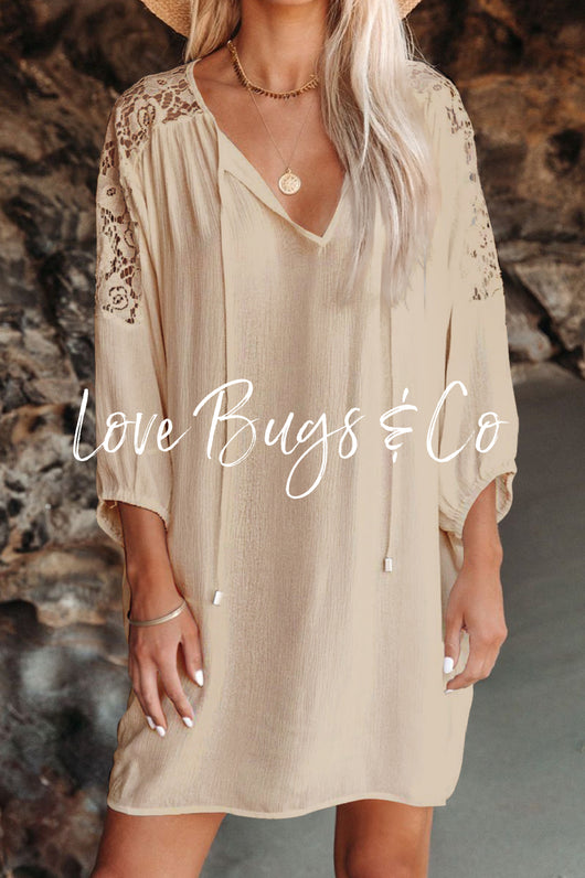 Apricot Split Neck Lace Shoulder Beach Dress