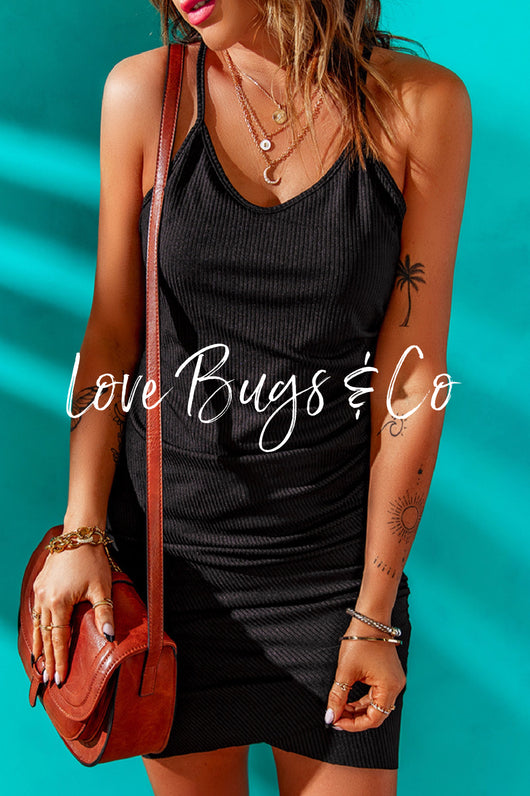 Black Ribbed Knit V Neck Racerback Bodycon Dress