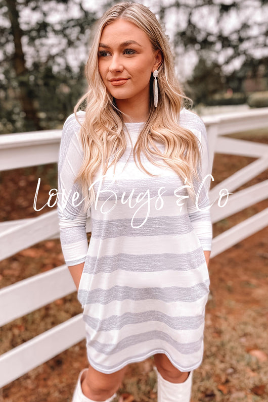 Stripe Loose Fit Pocketed Long Sleeve Mini Dress