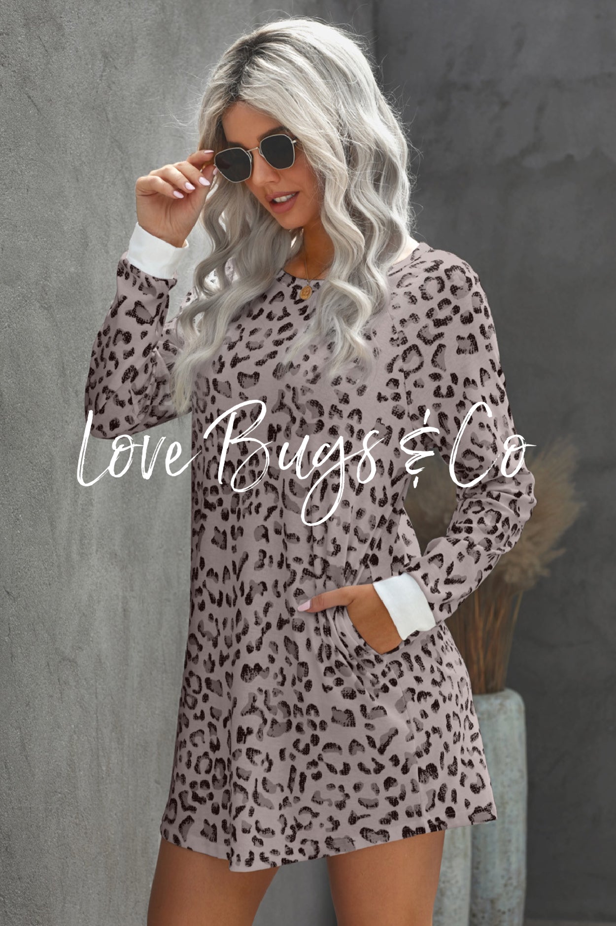 Crew Neck Long Sleeve Leopard Print Mini Dress