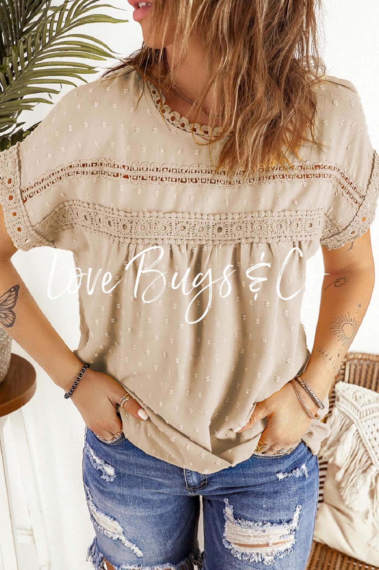 Apricot Swiss Dot Lace Splicing Short Sleeve Top