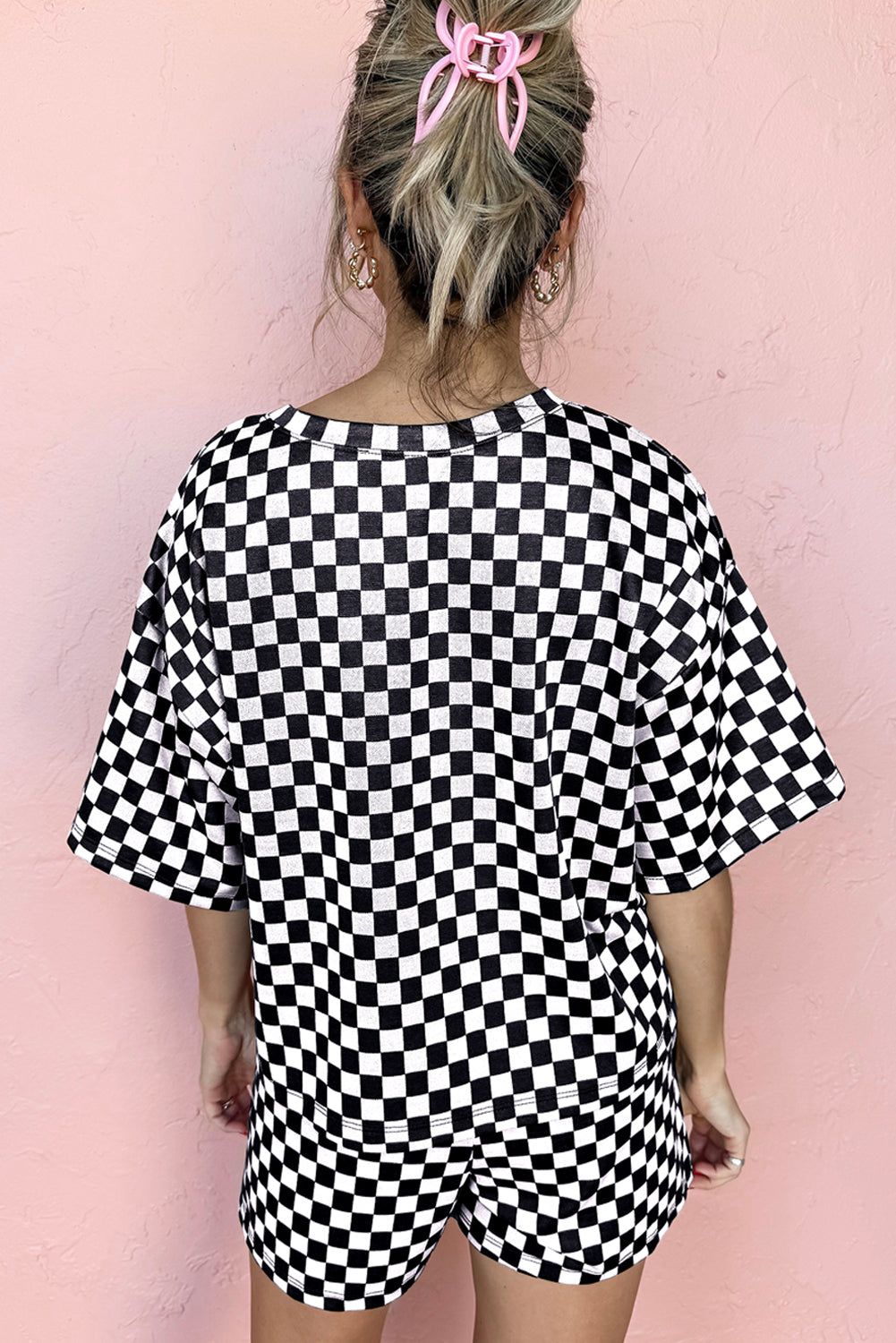 Black Checkerboard T Shirt and High Waist Skorts 2 Piece Outfit