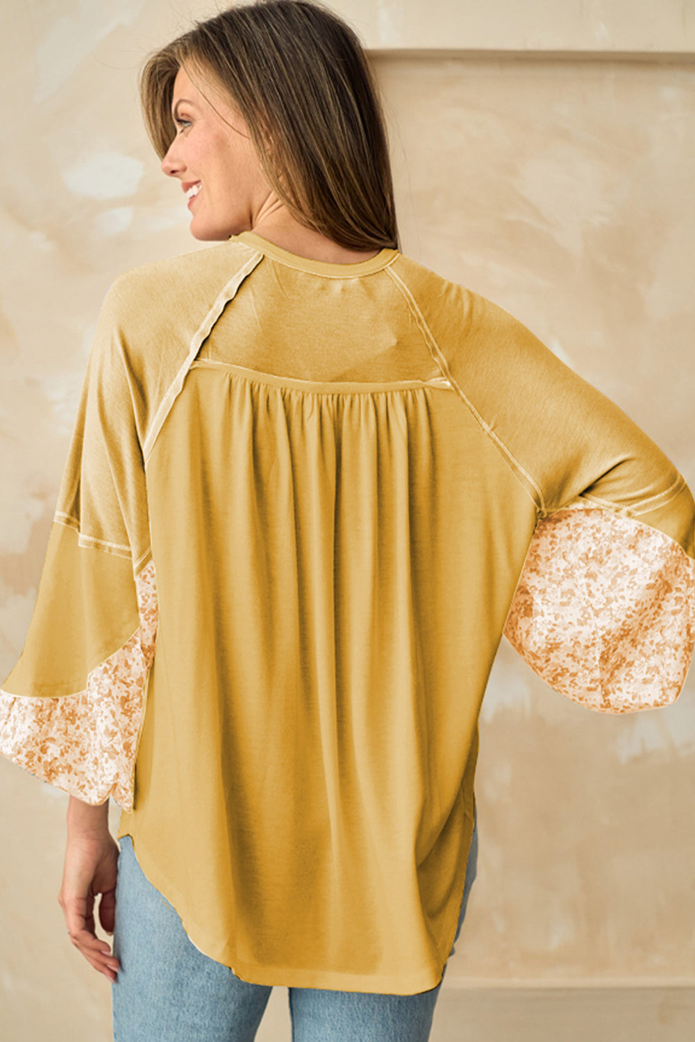 Mustard Floral Colorblock Balloon Sleeve Exposed Seam Top