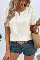 White Solid Color Textured Notched Neck Puff Sleeve Blouse