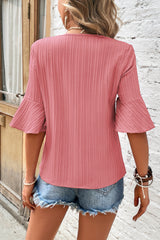 Pink Blossom Ruffled Half Sleeve V Neck Textured Top
