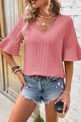 Pink Blossom Ruffled Half Sleeve V Neck Textured Top