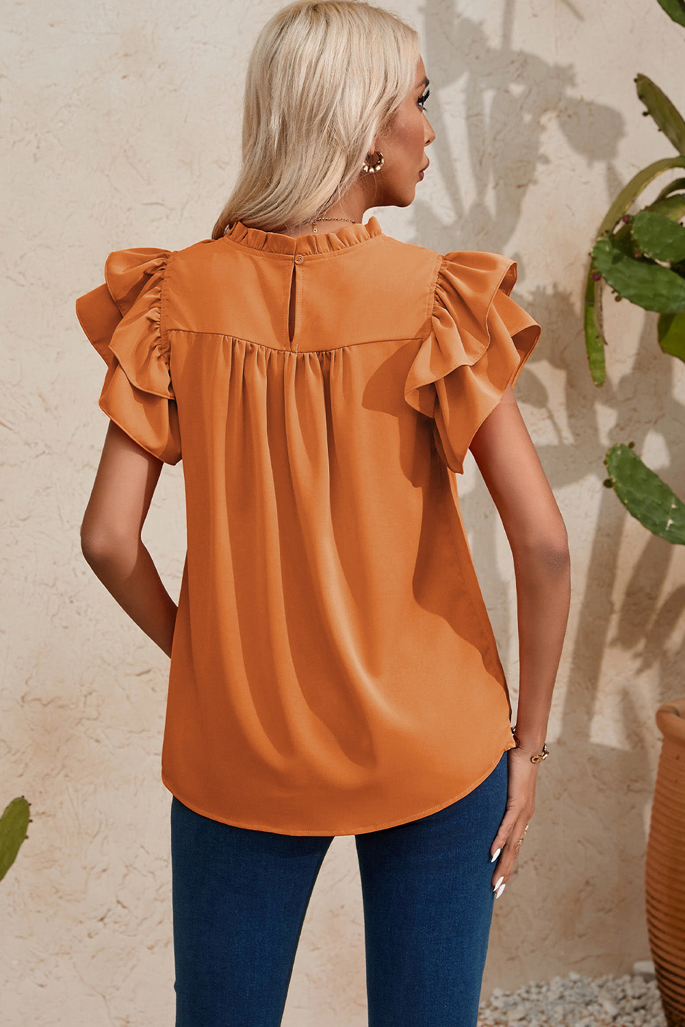 Orange Smocked Ruffle Sleeve Blouse