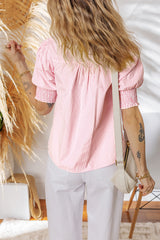 Pink Stripe Shirred Detail V Neck Puff Half Sleeve V Neck Blouse
