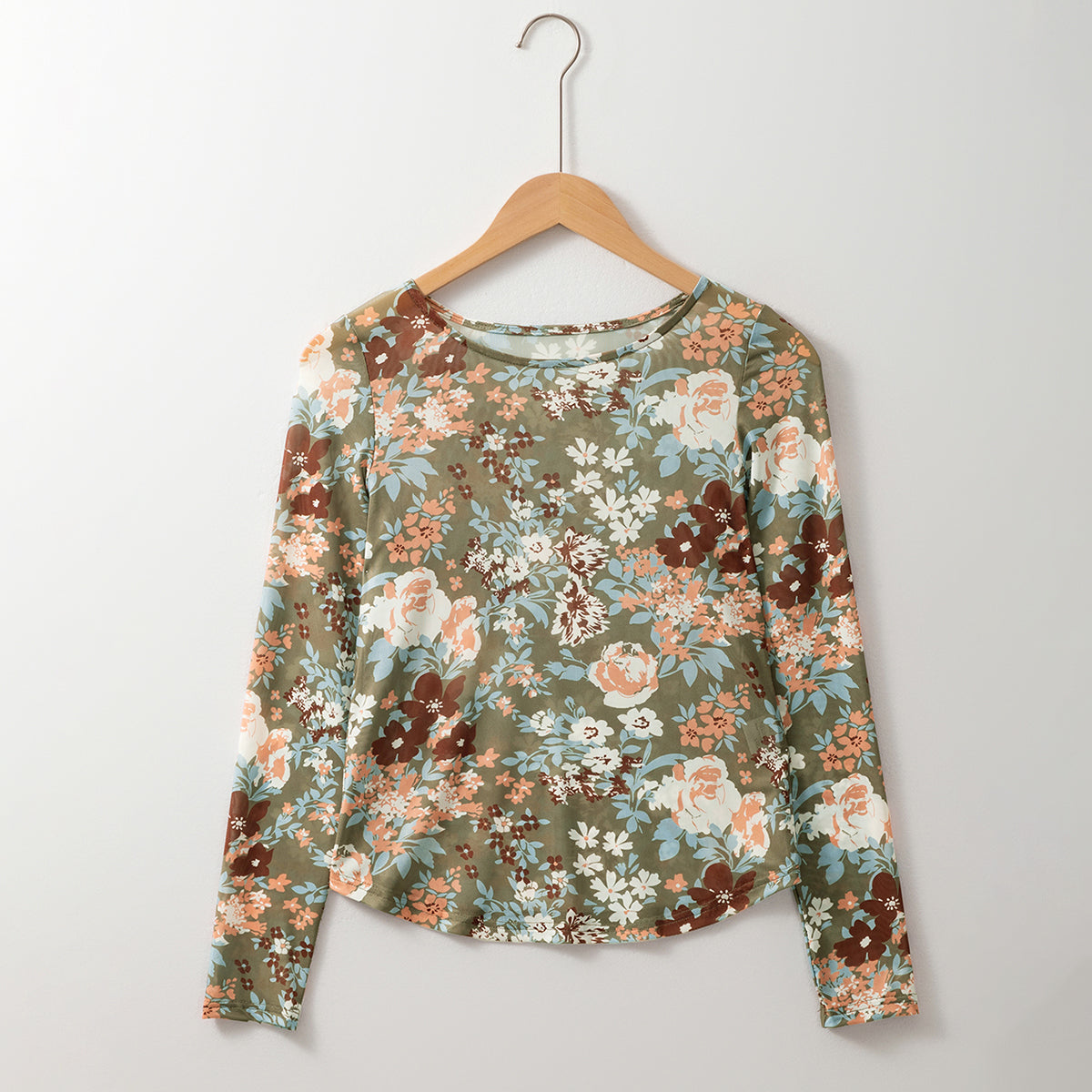 Green Floral Print Mesh Fitted Long Sleeve Top