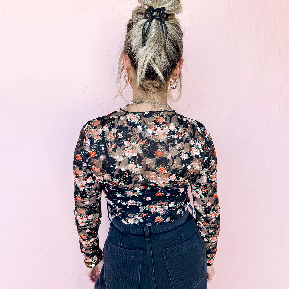 Black Floral Mesh Sheer Long Sleeve Top