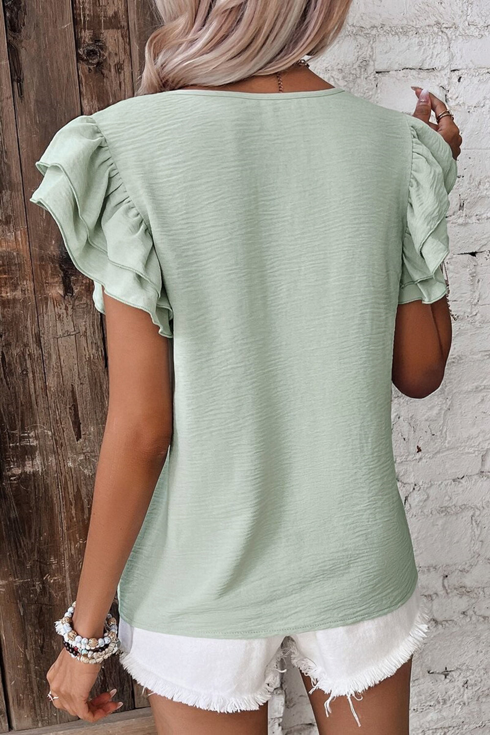 Mint Solid Color Ruffled Short Sleeve Casual Blouse
