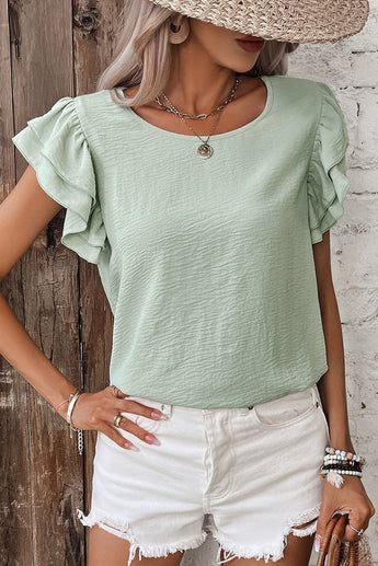 Mint Solid Color Ruffled Short Sleeve Casual Blouse