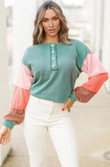 Multicolour Twisted Ribbed Knit Colorblock Henley Top