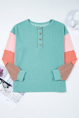 Multicolour Twisted Ribbed Knit Colorblock Henley Top