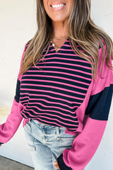 Pink Stripe Color Block V Neck Loose Fit Long Sleeve Top