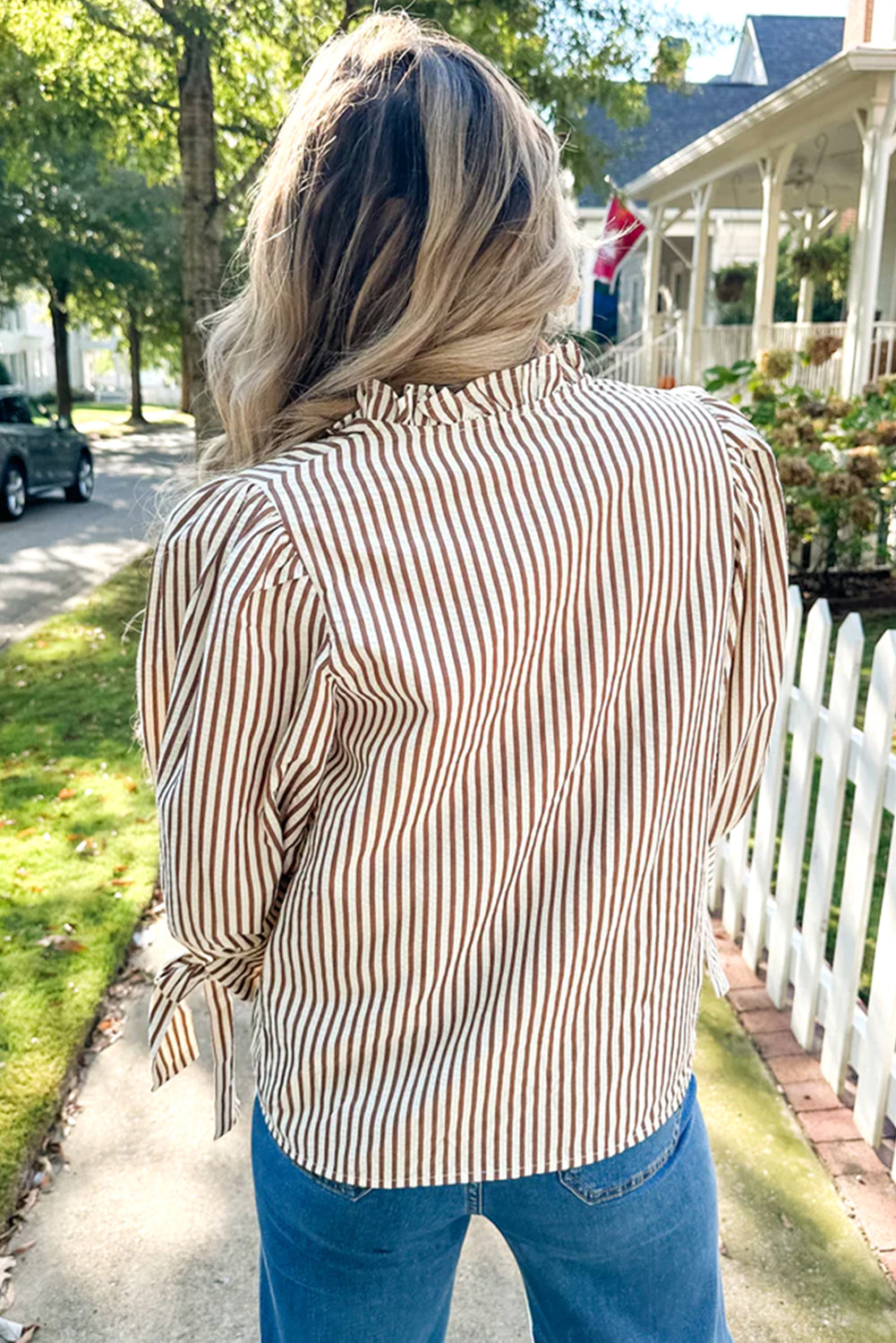 Brown Striped Print Tied Cuffs Split Neck Seersucker Blouse