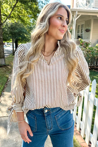 Brown Striped Print Tied Cuffs Split Neck Seersucker Blouse