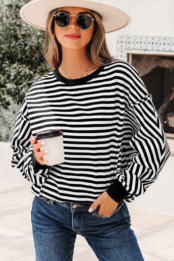 Black Stripe Exposed Seam Drop Shoulder Casual Pullover