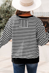 Black Stripe Exposed Seam Drop Shoulder Casual Pullover