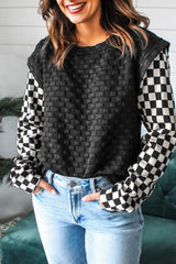 Black Plaid Textured Contrast Checkered Patchwork Long Sleeve Top