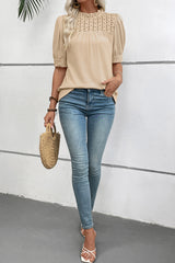 Parchment Textured Knit Eyelet Embroidered Patchwork Ruffled Neck Short Sleeve Blouse