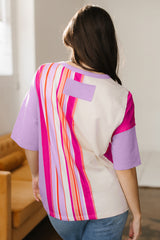 Pink Striped Color Block Flower Patched Half Sleeve Loose Top