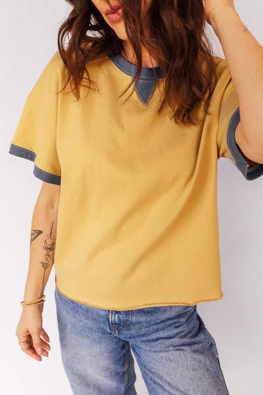Banana Cream Contrast Trim Raw Hemline Short Sleeve Loose Top