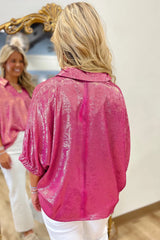 Strawberry Pink Collared V Neck Half Sleeve Metallic Top
