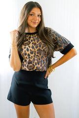 Brown Sequin Leopard Pattern Short Sleeve Top