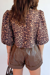 Brown Leopard Bow Tie Puff Sleeve Blouse