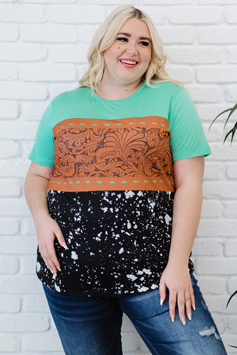 Green Marble Print Buckstitch Splicing Color Block Plus Size T-shirt
