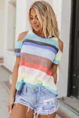 Multicolor Striped Knit Cold Shoulder Lightweight Top