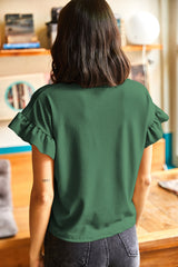 Blackish Green Solid Color Ribbed Ruffled Short Sleeve T Shirt