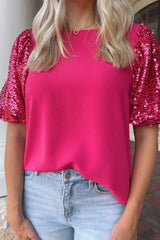 Rose Pink Contrast Sequin Puff Sleeve T Shirt