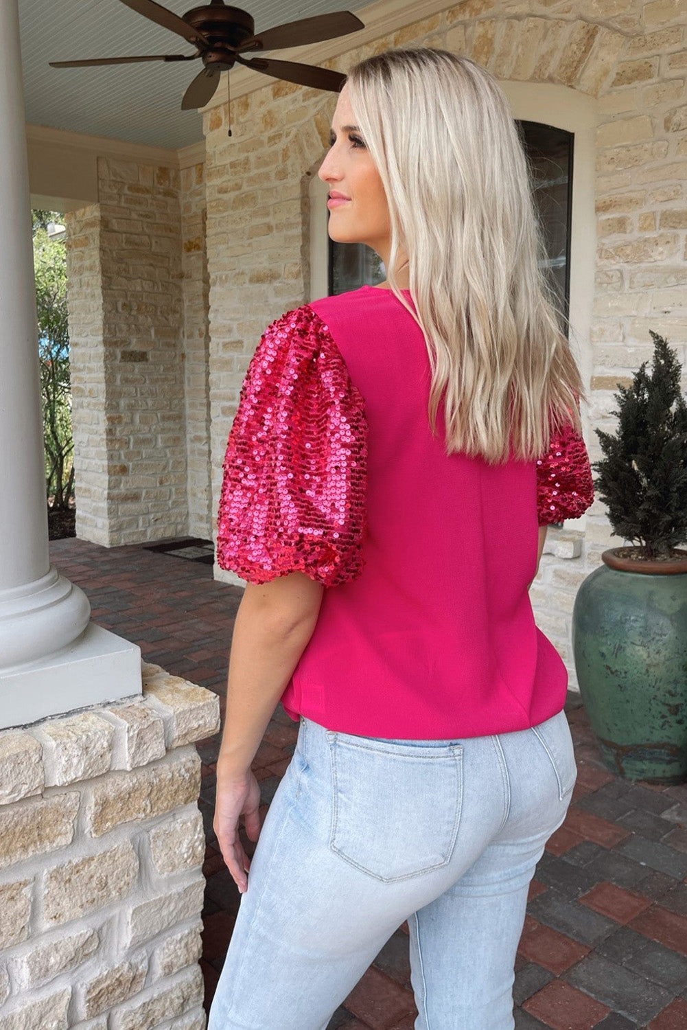 Rose Pink Contrast Sequin Puff Sleeve T Shirt