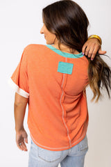 Orange Contrast Trim Exposed Seam V Neck T-shirt