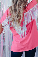Hot Pink Sequined Fringe Wing High-low Hem T-shirt