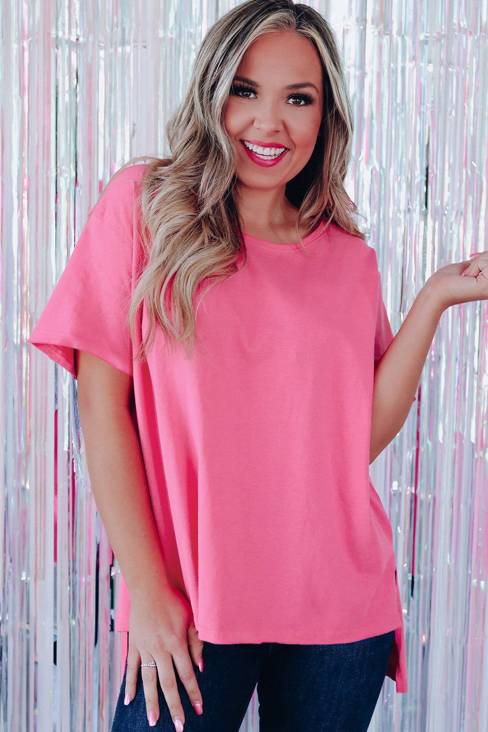 Hot Pink Sequined Fringe Wing High-low Hem T-shirt