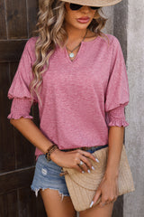 Rose Smocked Puff Sleeve Notched Neck T Shirt