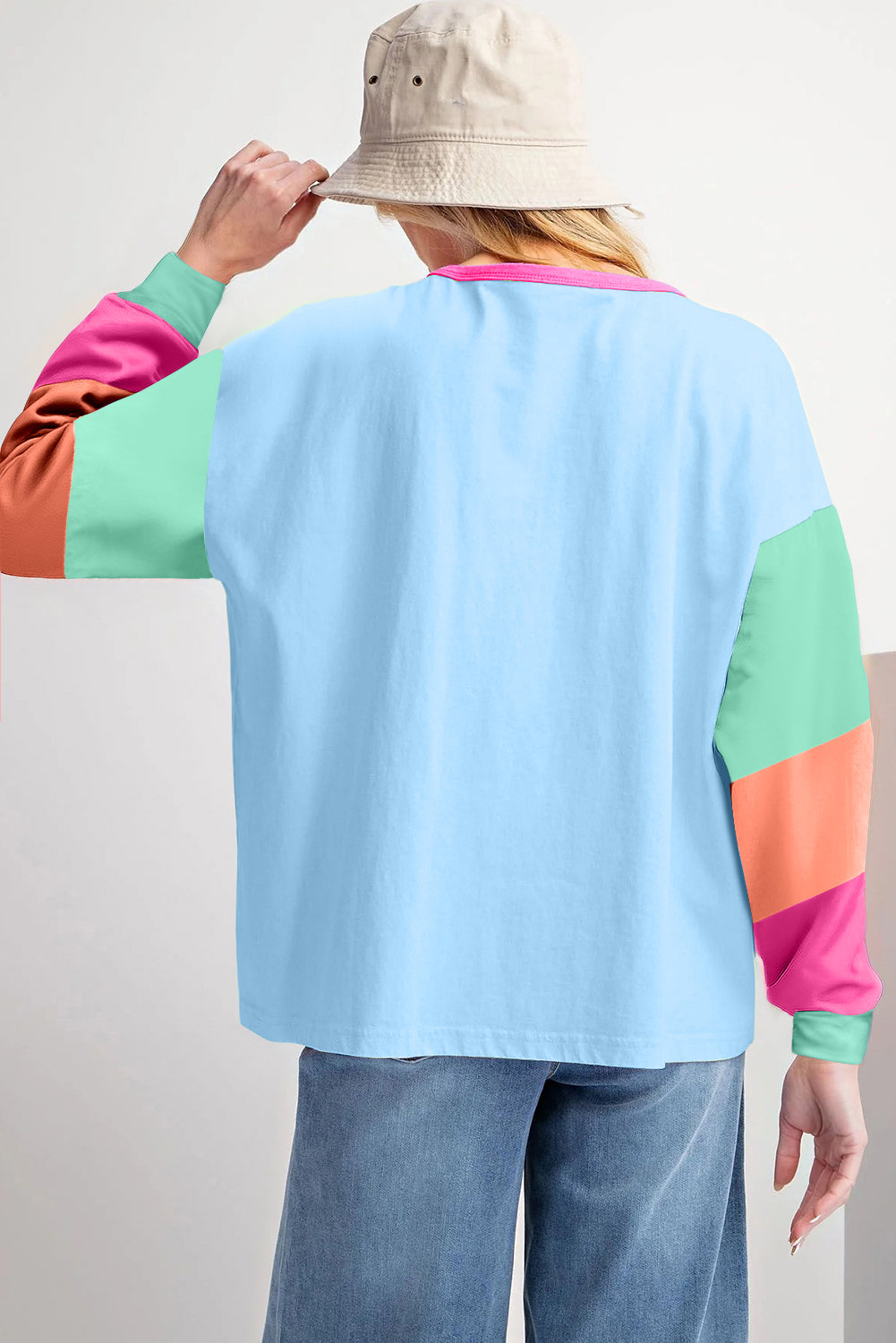 Baby Blue Colorblock Patchwork Long Sleeve Loose Top