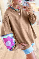 Dune Flower Patchwork Raglan Sleeve Exposed Seam Oversized Top