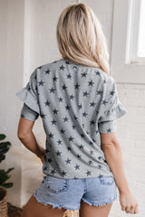 Gray Star Print Tiered Ruffled Sleeve Crew Neck T Shirt