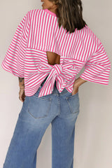 Pink Stripe Bowknot Cutout Back Drop Shoulder Wide Bracelet Sleeve Loose Tee